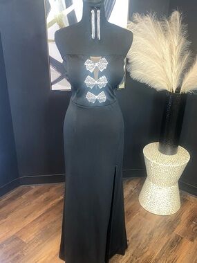 Fashion Nova Black Strapless Gown with Rhinestone Bows